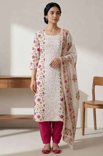 Stylee lifestyle off white pure cotton digital printed dress material