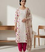 off white cotton pink floral digital print dress material