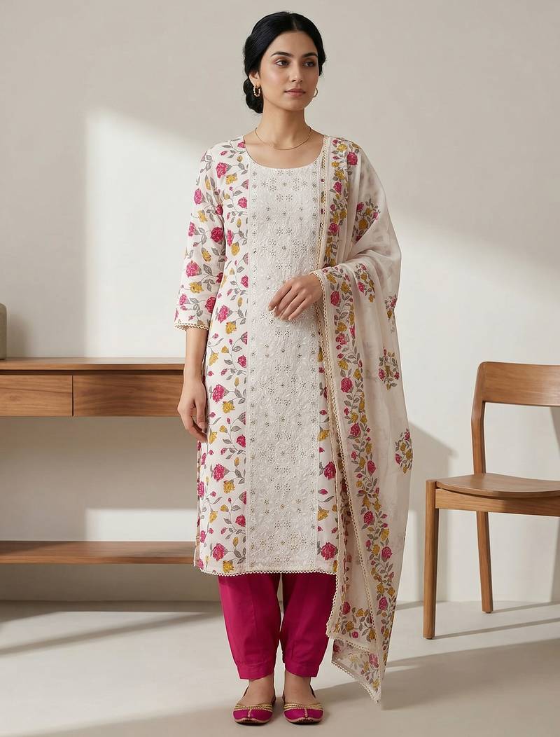 Stylee lifestyle off white pure cotton digital printed dress material