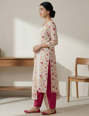 off white cotton pink floral digital print dress material 2