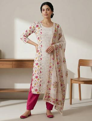 off white cotton pink floral digital print dress material 3