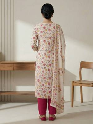 off white cotton pink floral digital print dress material 4