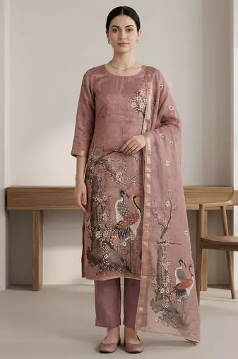 rust linen shimmer digital print dress material