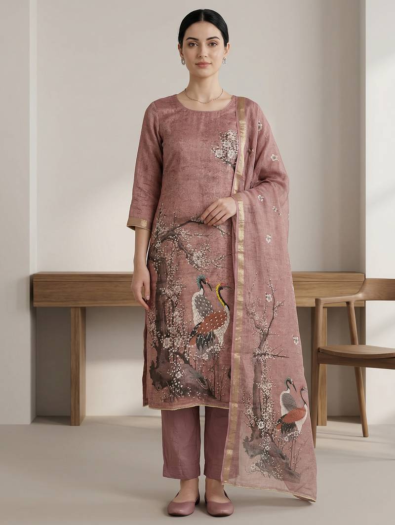 Stylee lifestyle rust linen shimmer digital printed dress material
