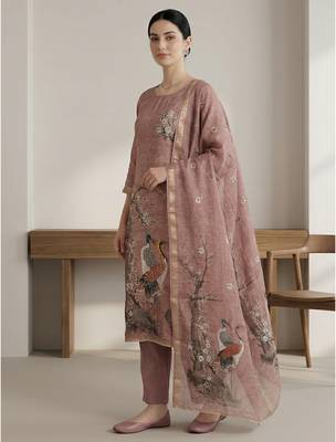 rust linen shimmer digital print dress material 2