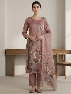 rust linen shimmer digital print dress material 3