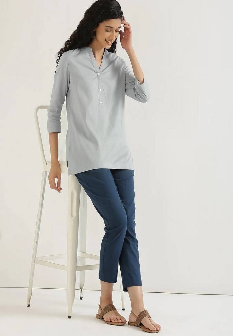 Women sky blue airy linen short kurta