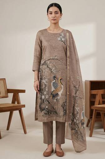 gold linen shimmer digital print dress material