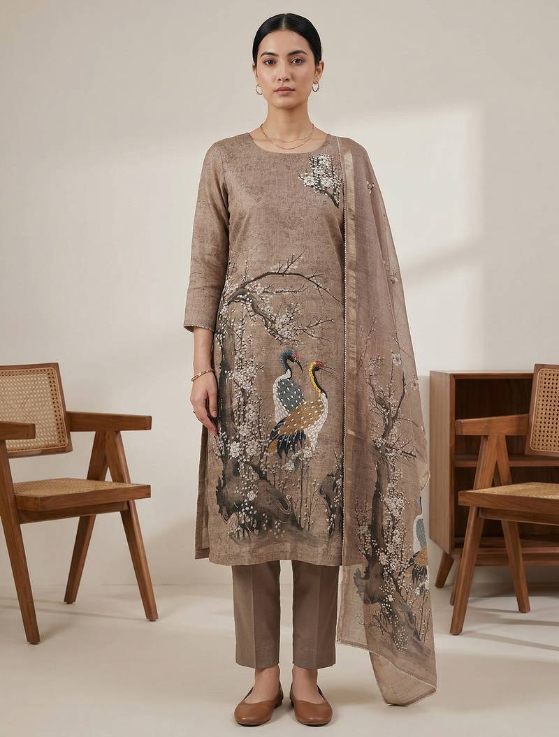 Stylee lifestyle gold linen shimmer digital printed dress material