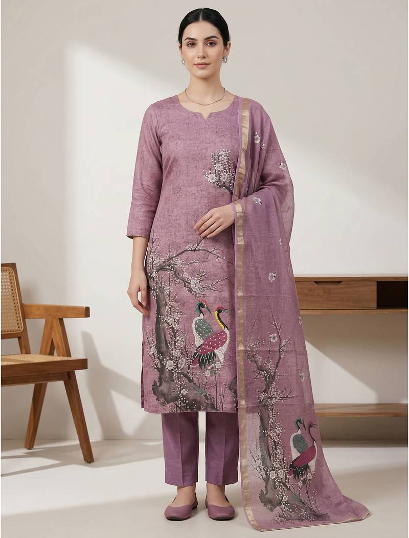 Stylee lifestyle purple linen shimmer digital printed dress material