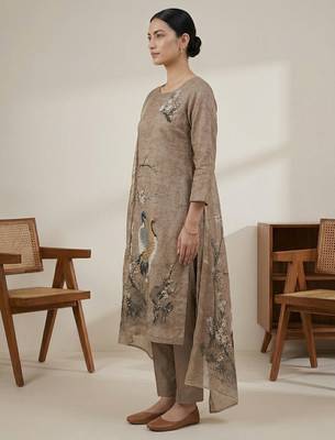 gold linen shimmer digital print dress material 3