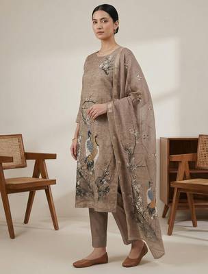 gold linen shimmer digital print dress material 4