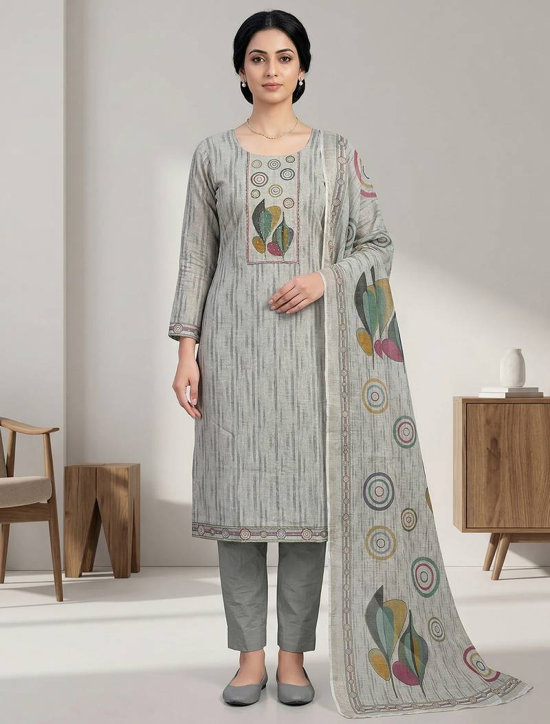 Stylee lifestyle beige linen shimmer digital printed dress material