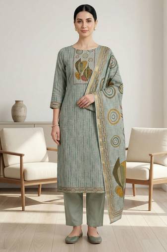 green linen shimmer digital printed suit material