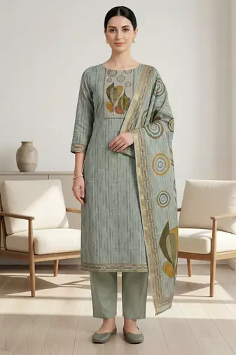 Stylee lifestyle green linen shimmer digital printed dress material