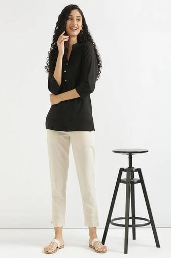 Women black airy linen short kurta