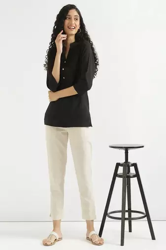 Women black airy linen short kurta