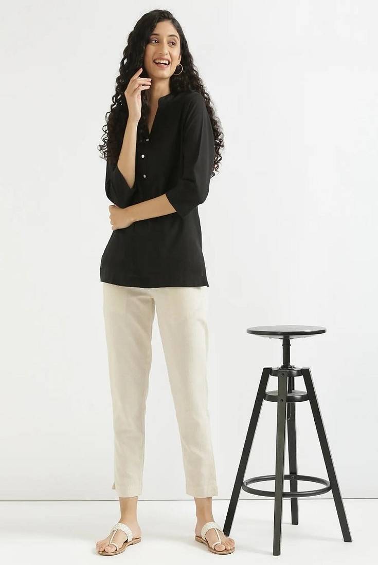 Women black airy linen short kurta