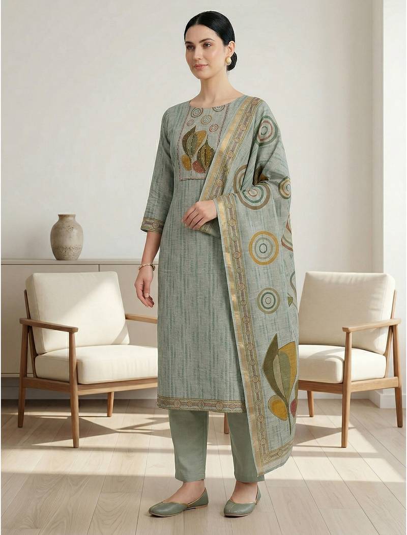 Stylee lifestyle green linen shimmer digital printed dress material