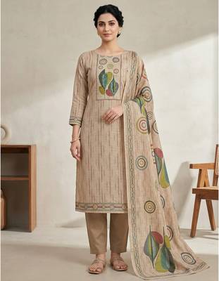 beige linen shimmer digital printed suit material 1