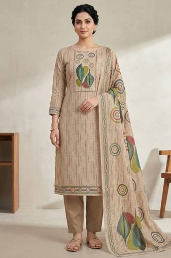 beige linen shimmer digital printed suit material