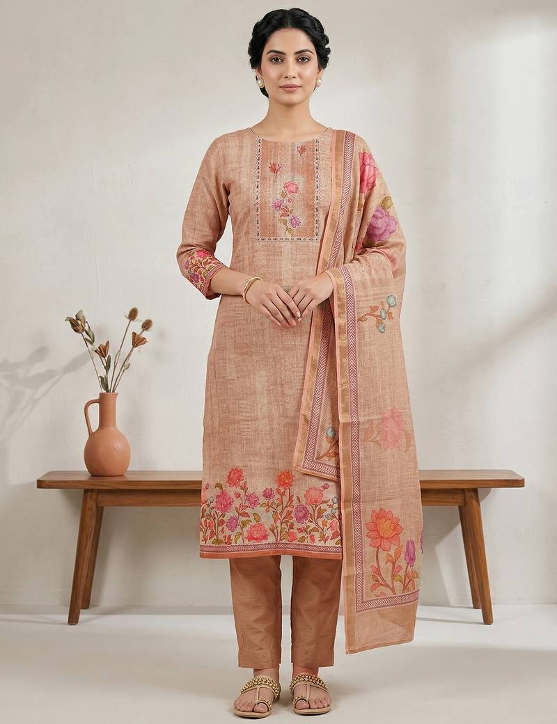 Stylee lifestyle peach linen shimmer digital printed dress material