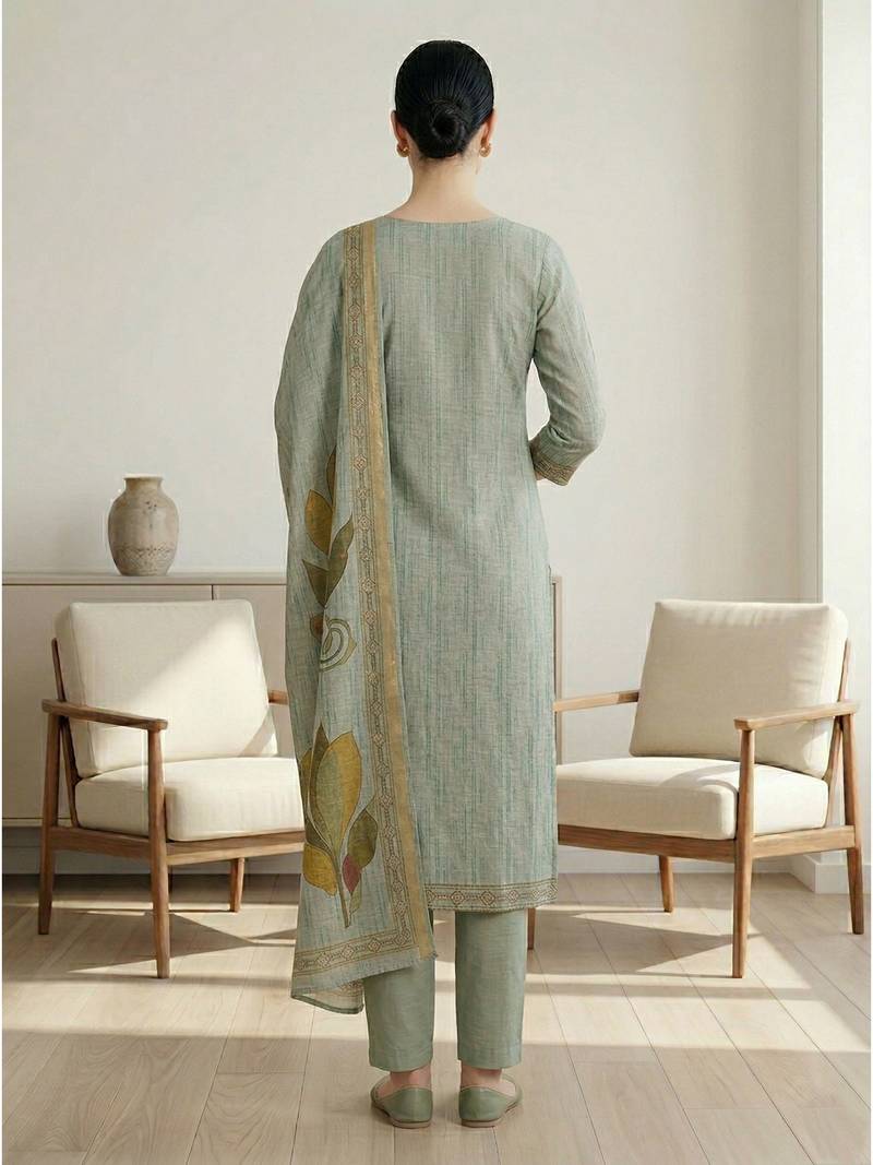 Stylee lifestyle green linen shimmer digital printed dress material