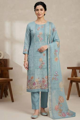 teal digital printed linen shimmer dress material