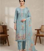Stylee lifestyle teal linen shimmer digital printed dress material
