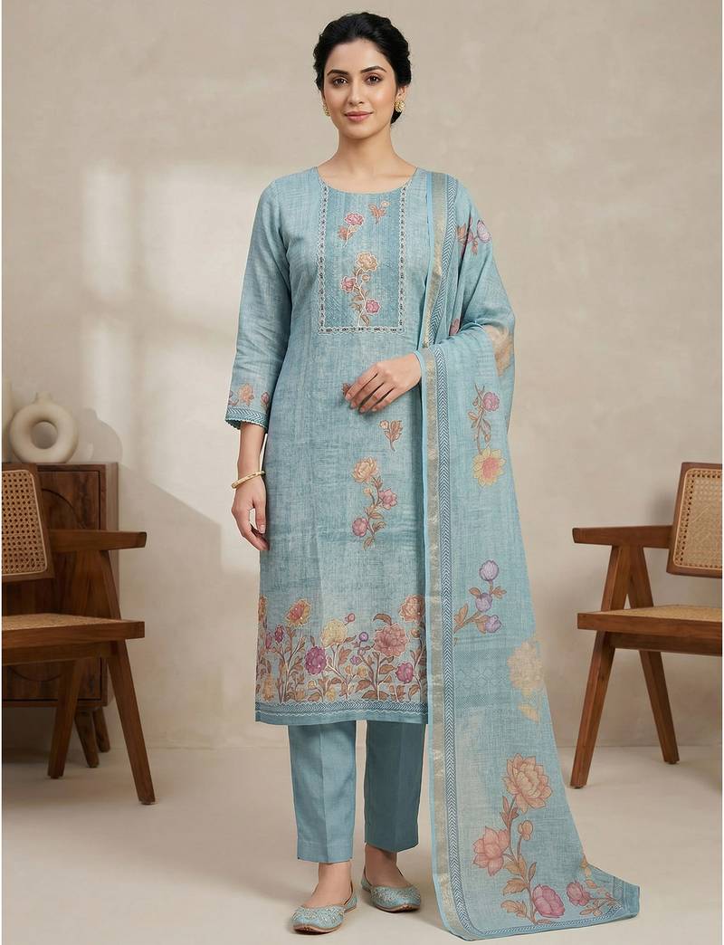 Stylee lifestyle teal linen shimmer digital printed dress material