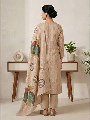 beige linen shimmer digital printed suit material 2