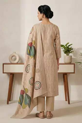 beige linen shimmer digital printed suit material