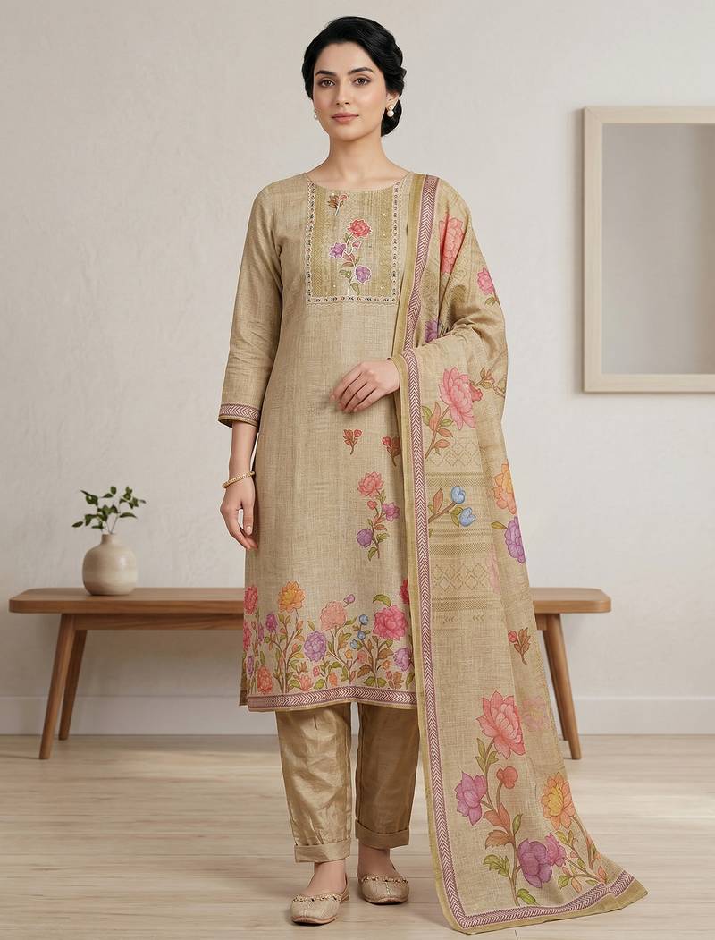 Stylee lifestyle yellow linen shimmer digital printed dress material