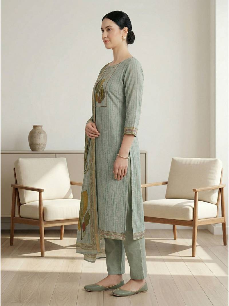 Stylee lifestyle green linen shimmer digital printed dress material