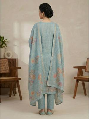 teal digital printed linen shimmer dress material 2