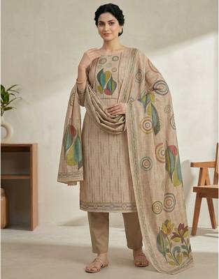 beige linen shimmer digital printed suit material 3