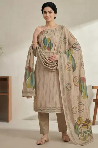 beige linen shimmer digital printed suit material