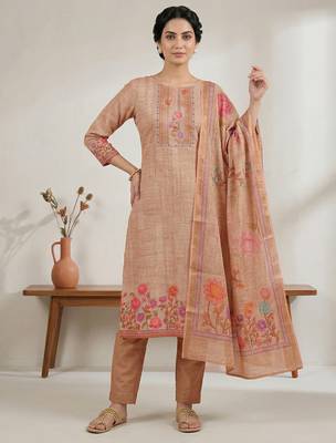 peach digital printed linen shimmer dress material 3