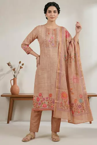 peach digital printed linen shimmer dress material