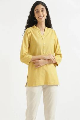 yellow plain airy cotton short kurti with mandarin collar 1