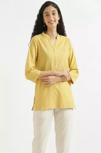 Women yellow airy linen short kurta