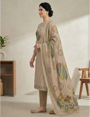 beige linen shimmer digital printed suit material 4