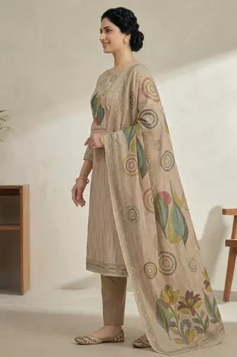 beige linen shimmer digital printed suit material