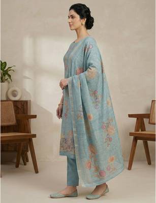 teal digital printed linen shimmer dress material 3
