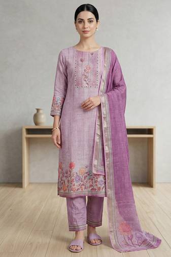lavender linen shimmer digital printed dress material
