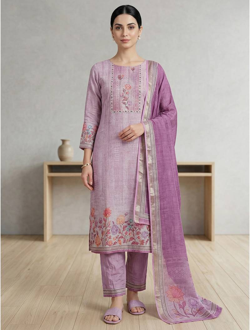 Stylee lifestyle pink linen shimmer digital printed dress material
