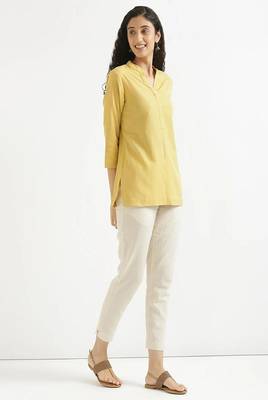 yellow plain airy cotton short kurti with mandarin collar 2