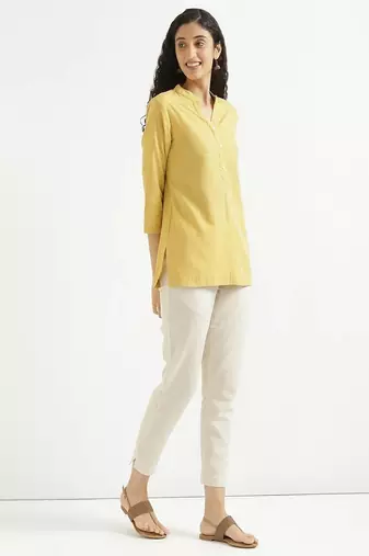yellow plain airy cotton short kurti with mandarin collar