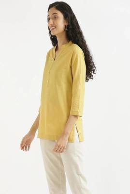 yellow plain airy cotton short kurti with mandarin collar 3