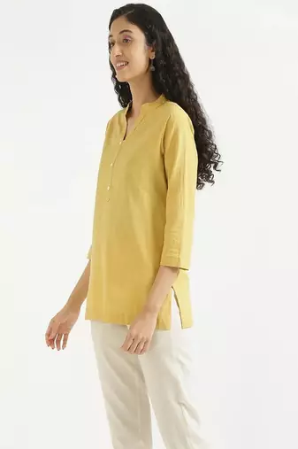 yellow plain airy cotton short kurti with mandarin collar